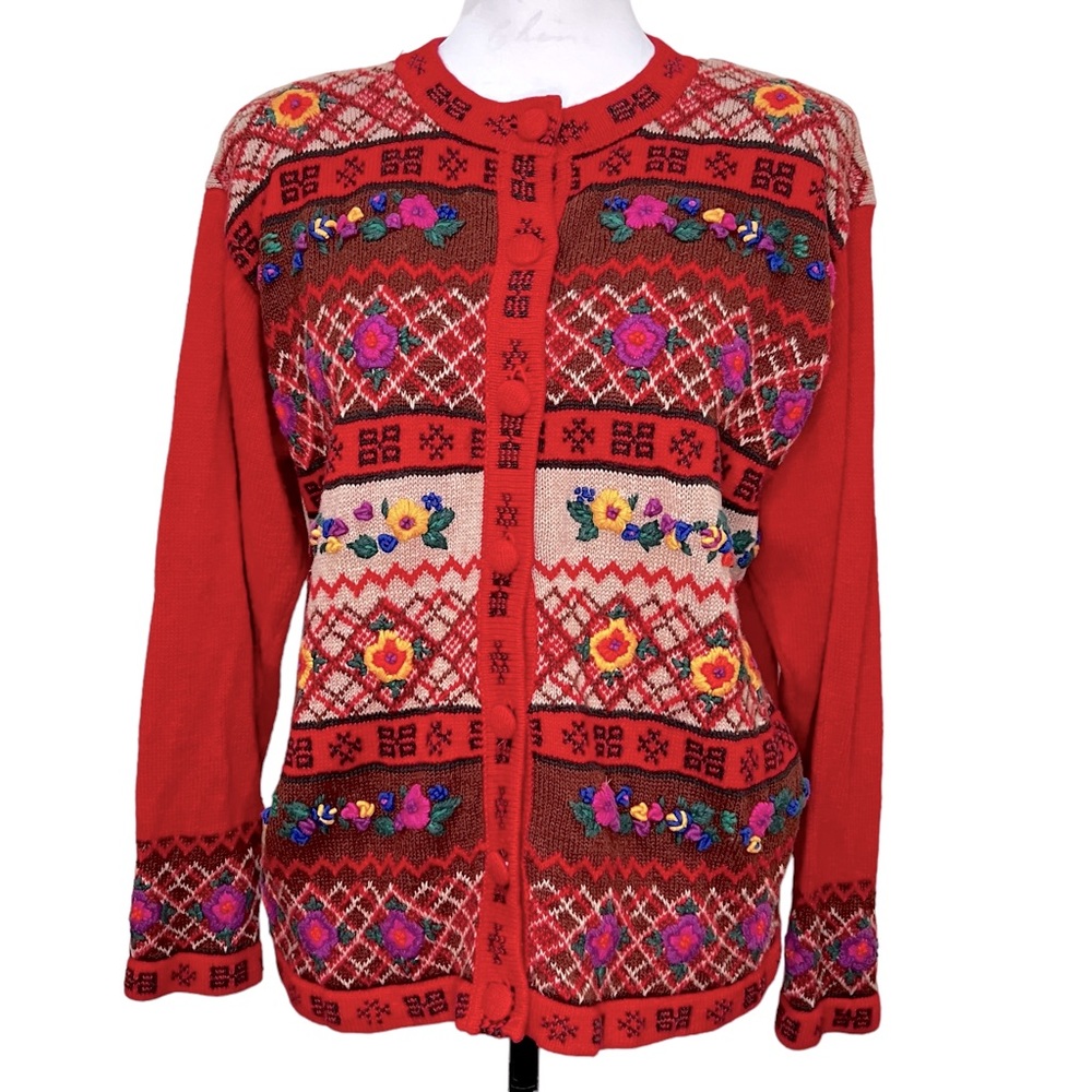 Christina Red Multicolor Patterned Cardigan
